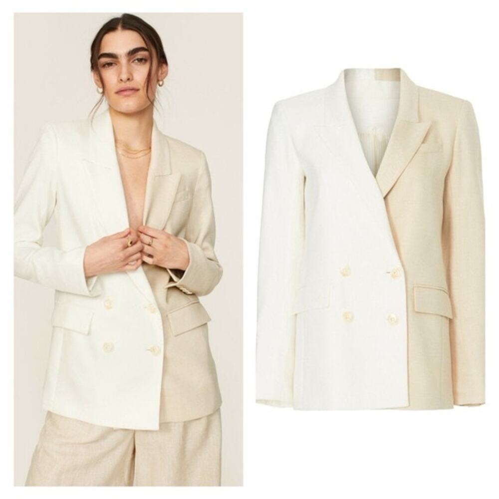 VERONICA BEARD Braeton Tan White Dickey Blazer Jacket Officewear Linen size 14